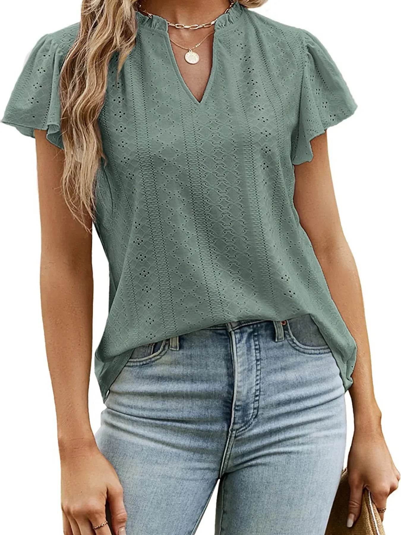 Trendsi Eyelet Notched Short Sleeve T-Shirt with Ruffled Frills - Slightly Stretchy Fabric - Store 42
