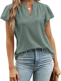 Trendsi Eyelet Notched Short Sleeve T-Shirt with Ruffled Frills - Slightly Stretchy Fabric - Store 42