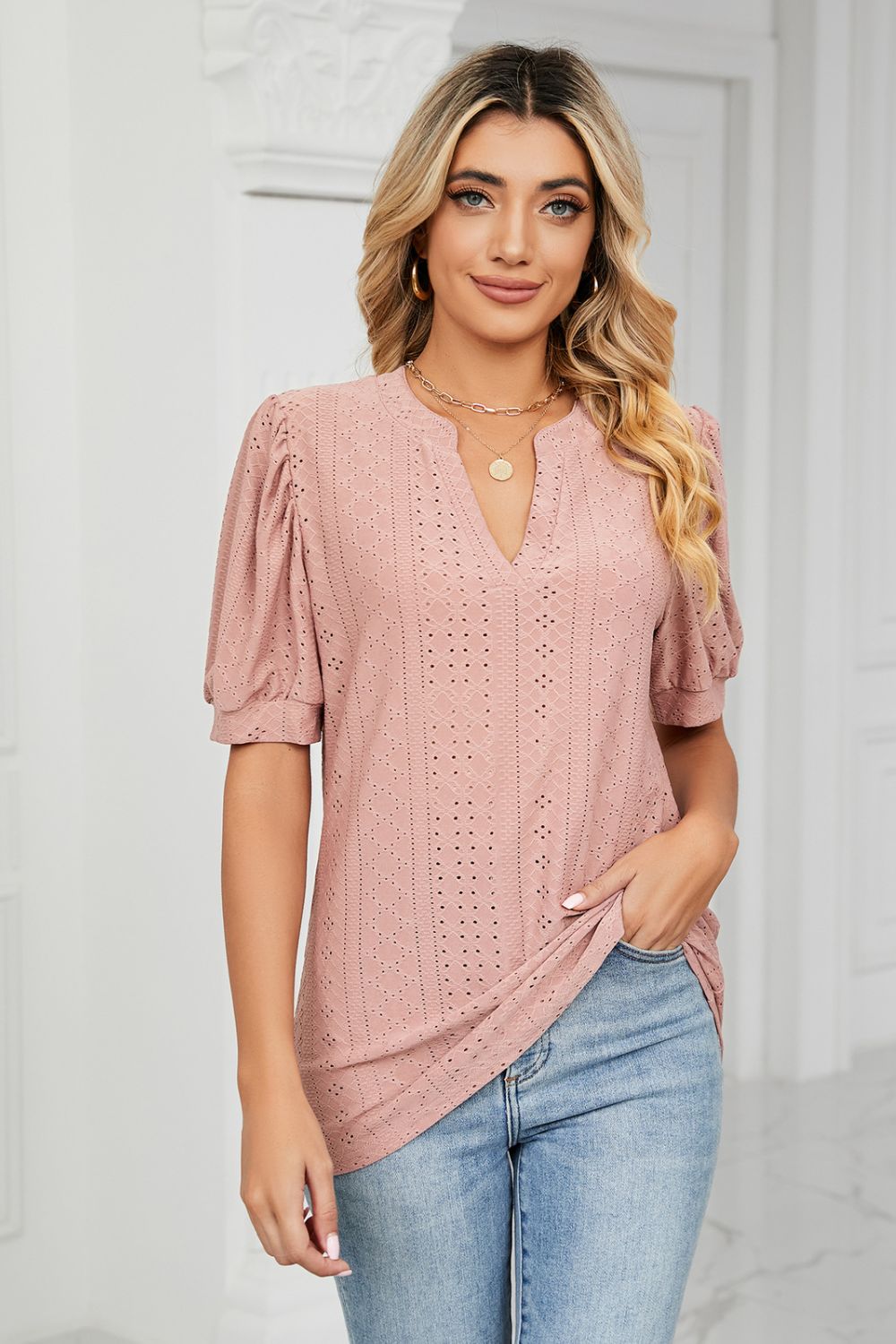 Trendsi Women’s Eyelet Puff Sleeve Notched Neck Top - Casual Solid Regular Fit