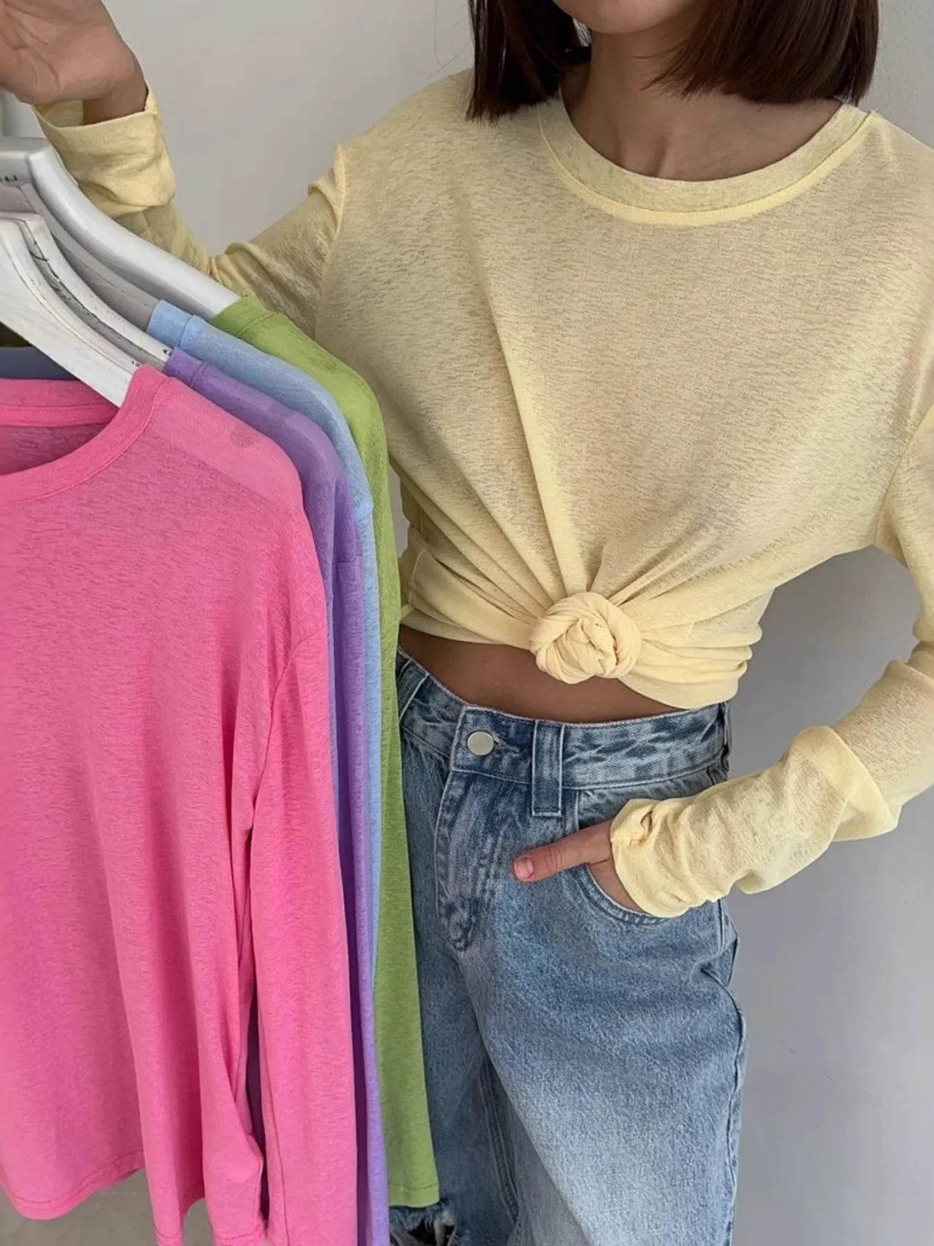 Slightly Stretchy Knotted Long Sleeve T-Shirt in Sheer 100% Polyester - Trendy Basic Style - Store 42