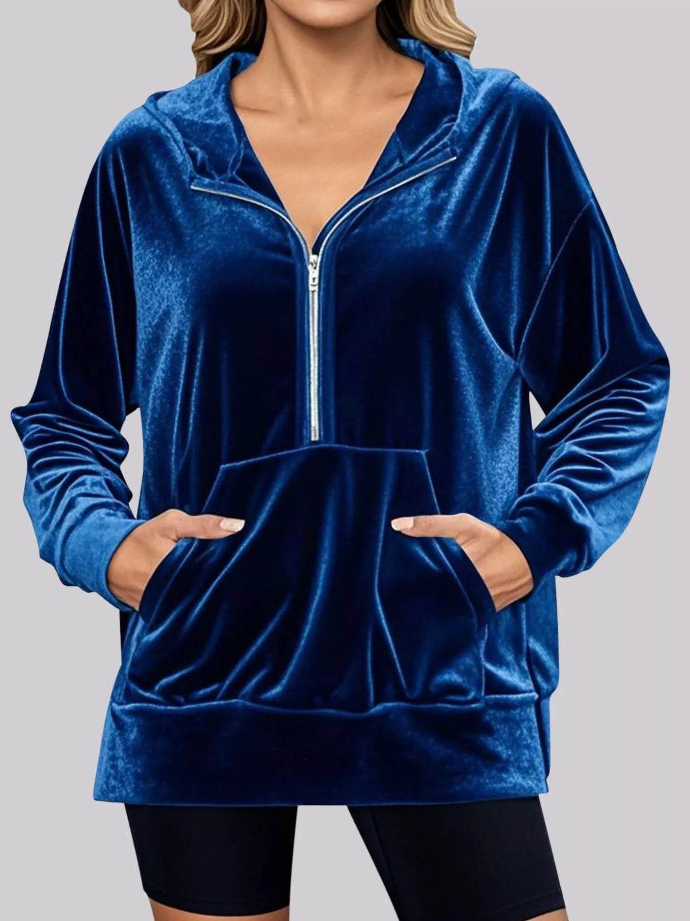 Full Size Half Zip Kangaroo Pocket Hoodie Plus Size - Store 42