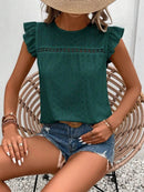 Elegant Eyelet Round Neck Cap Sleeve Top - 95% Polyester, No Stretch, Imported - Store 42