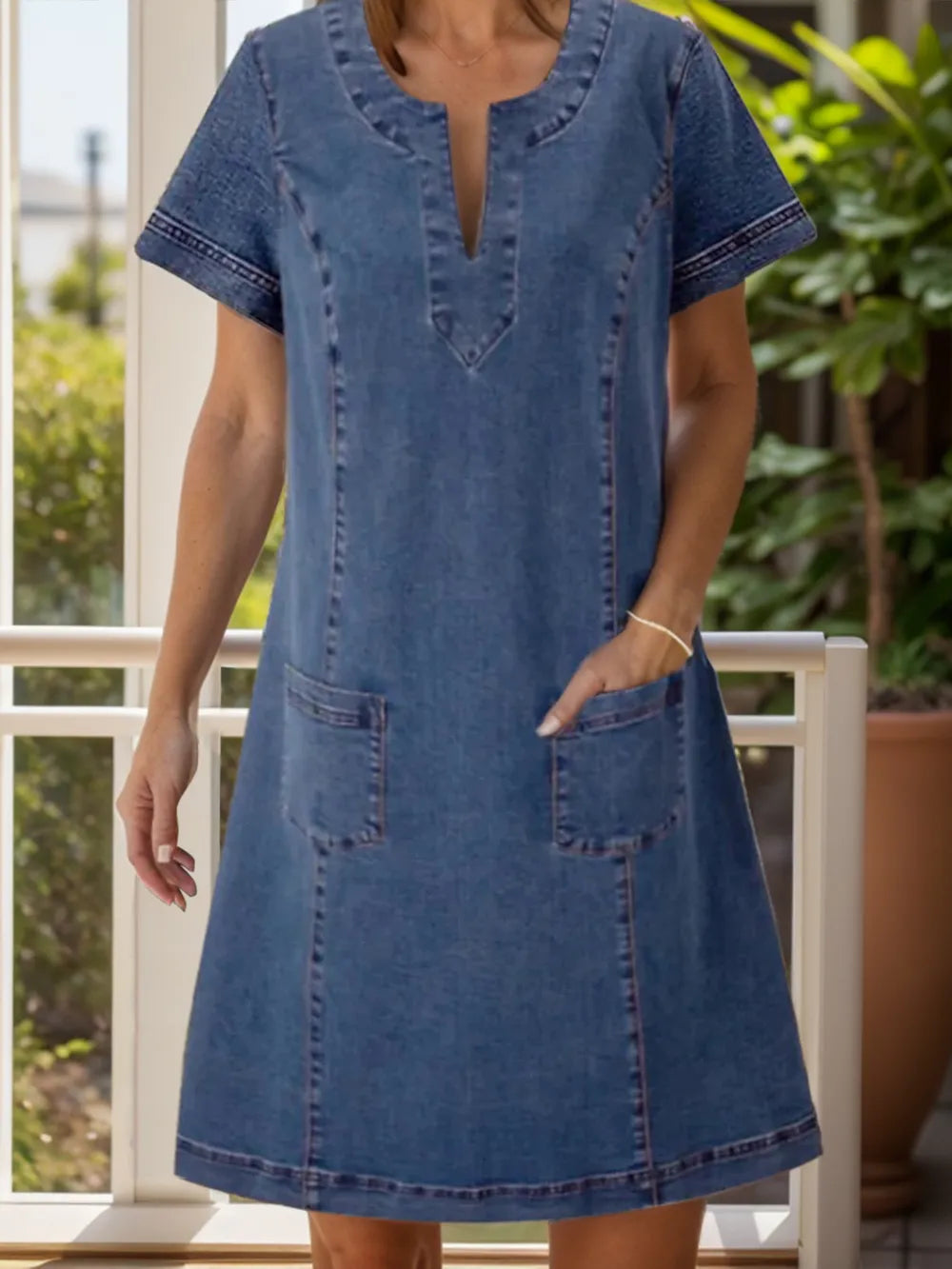 Stylish Full Size Notched Short Sleeve Denim Dress with Pockets - 95% Rayon, 5% Polyester