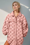 Double Take Button Up Fuzzy Checkered Shacket Dusty Pink