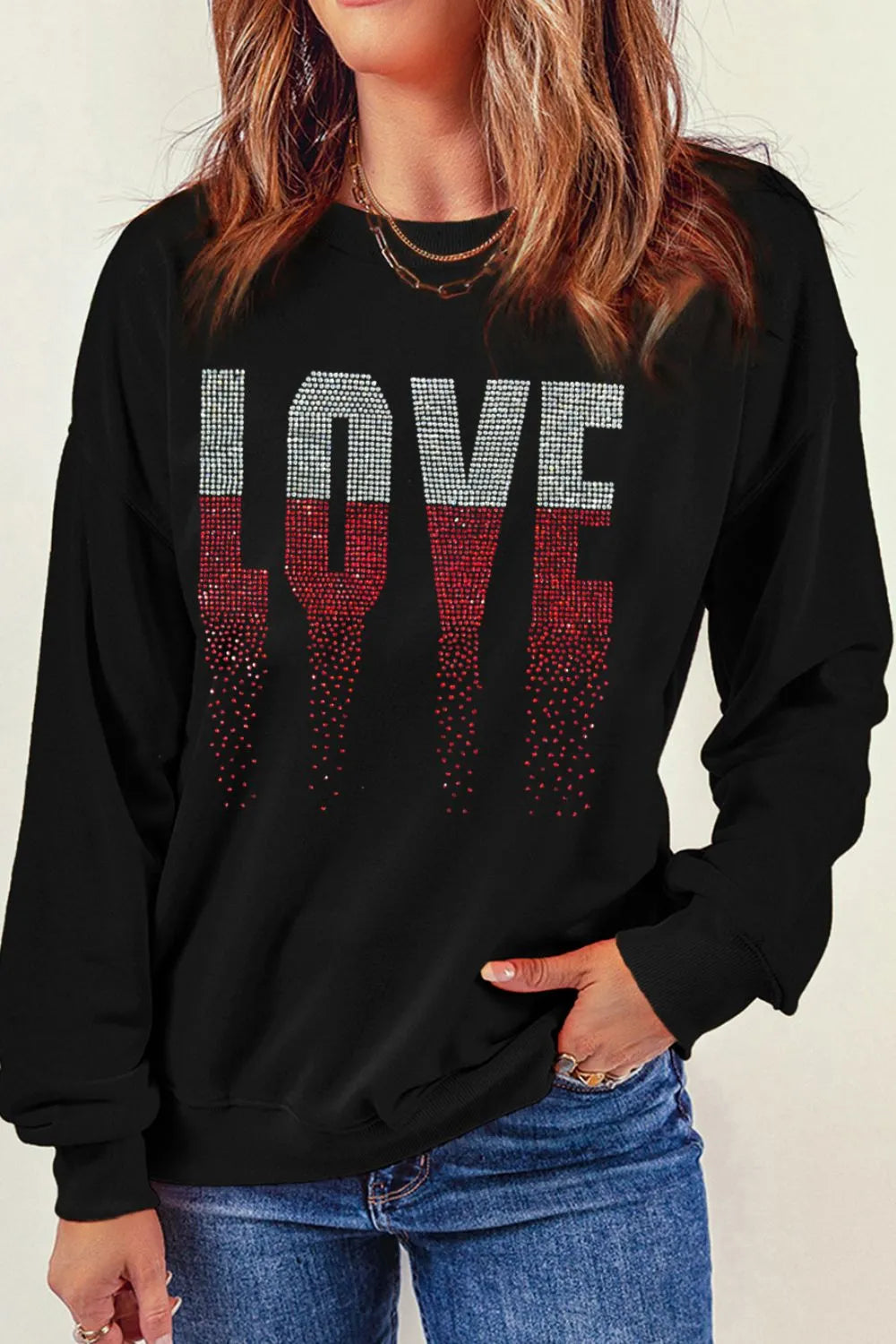 Rhinestone LOVE Sweatshirt for Women - Long Sleeve, Opaque, Comfortable Casual Wear