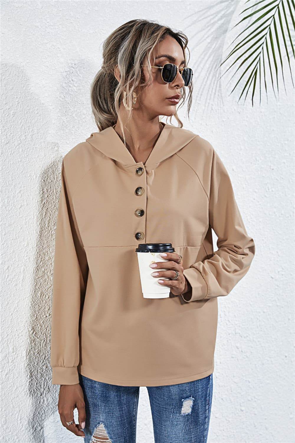 Chic Hooded Blouse with Buttoned Raglan Sleeves - Opaque, Slightly Stretchy, Stylish Comfort - Store 42