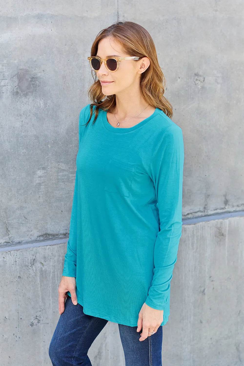 Basic Bae Women's Full Size Round Neck Long Sleeve Top with Pockets and Moderate Stretch - Store 42