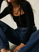 Sleek Square Neck Fitted Long Sleeve T-Shirt - Slightly Stretchy Polyester Blend - Store 42