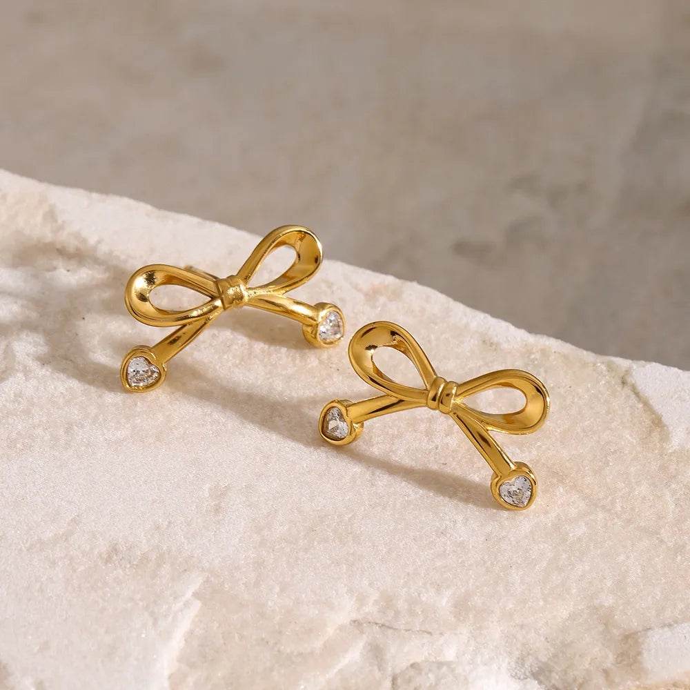 Elegant 18K Gold-Plated Stainless Steel Bow Earrings with Zircon Inlay - Lightweight Fashion Jewelry - Store 42