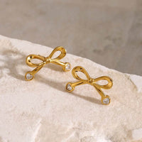 Elegant 18K Gold-Plated Stainless Steel Bow Earrings with Zircon Inlay - Lightweight Fashion Jewelry - Store 42