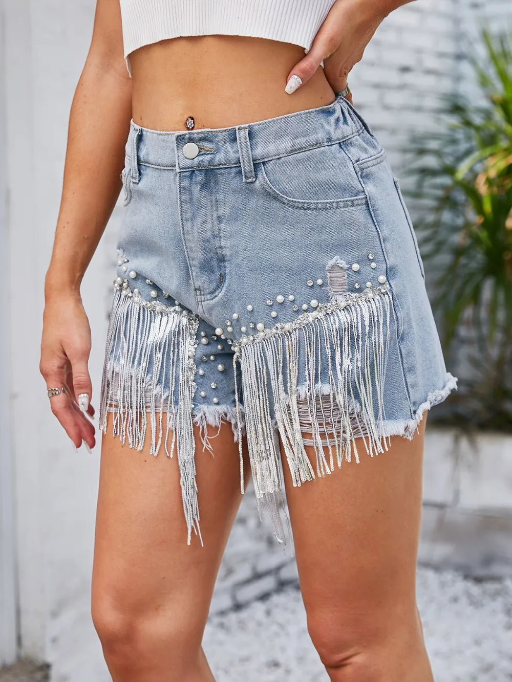 Distressed Denim Shorts With Pearl Trim & Pockets - Trendy Casual Style for Summer