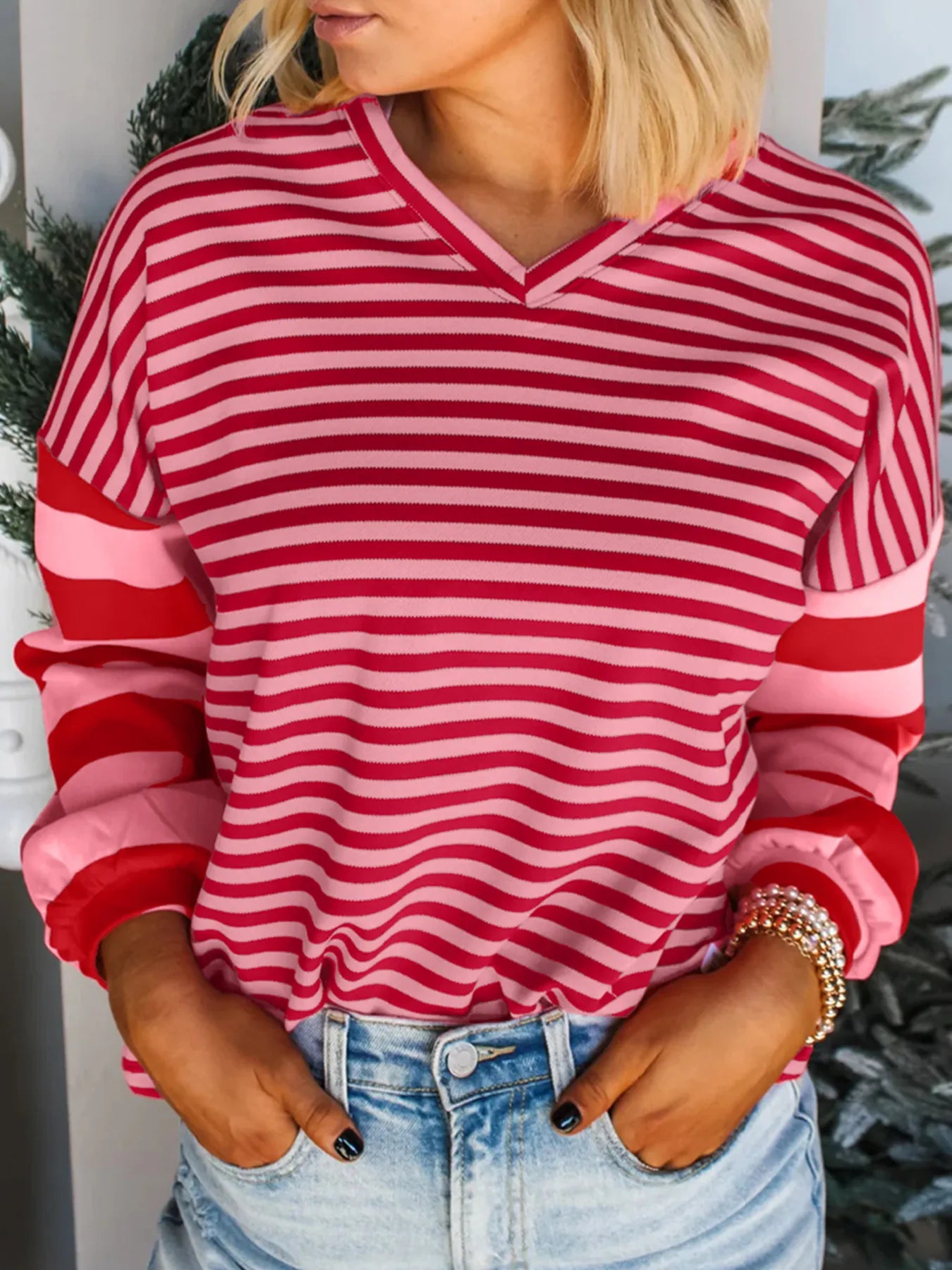 Trendy Striped Drop Shoulder V Neck Top - 95% Cotton Soft Fit with Stretch