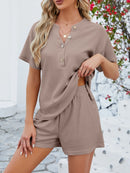Casual Button Detail Ribbed Top and Shorts Two-Piece Set