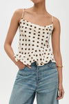 Crisscross Ruffled Hem Polka Dot Cami Beige