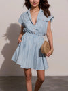 Hlaf Button Striped Cap Sleeve Mini Shirt Dress Blue