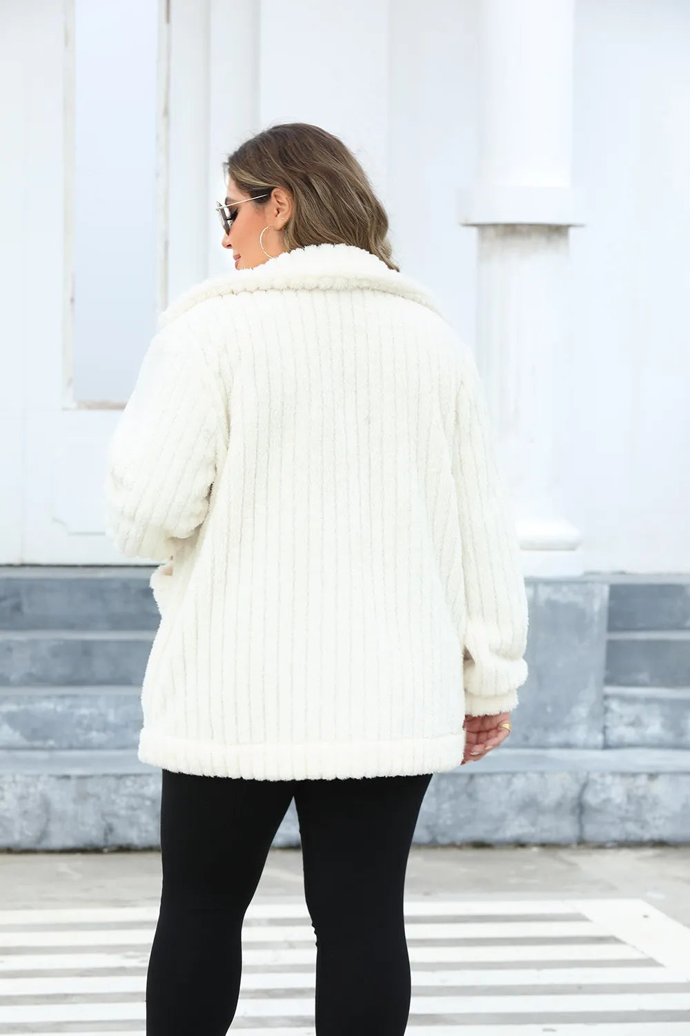 Plus Size Thick Fuzzy Collared Long Sleeve Jacket with Pockets - Cozy & Stylish Outerwear