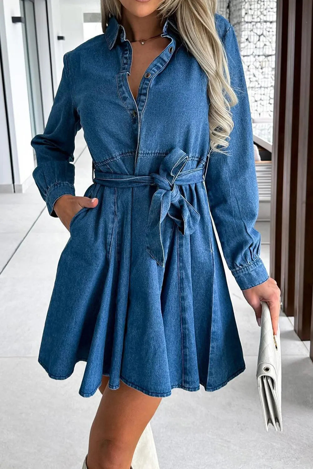 Tied Half Button Denim Dress With Long Sleeves - Slightly Stretchy Cotton Blend Fabric