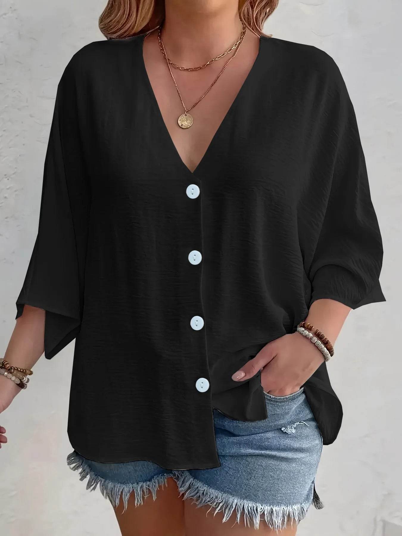 Full Size Casual V-Neck Button Down Relaxed Fit Blouse Plus Size - Store 42