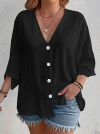 Full Size Casual V-Neck Button Down Relaxed Fit Blouse Plus Size - Store 42