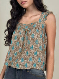 Ruffled Plaid Square Neck Tank Mocha