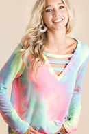 BiBi Tie Dye French Terry V-Neck Top with Strapped - Store 42