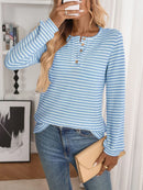 Striped Button Detail Long Sleeve Top
