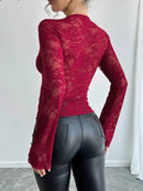 Lace Deep V-Neck Long Sleeve Sheer T-Shirt - 90% Polyamide, Slightly Stretchy Top - Store 42