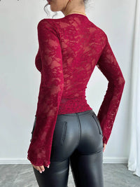 Lace Deep V-Neck Long Sleeve Sheer T-Shirt - 90% Polyamide, Slightly Stretchy Top - Store 42