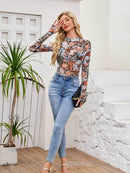 Floral Mock Neck Long Sleeve Top for Women - Slightly Stretchy, Comfortable Polyester Blend - Store 42