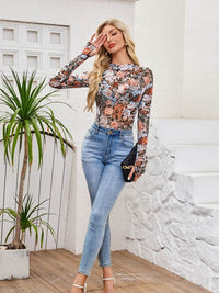 Floral Mock Neck Long Sleeve Top for Women - Slightly Stretchy, Comfortable Polyester Blend - Store 42