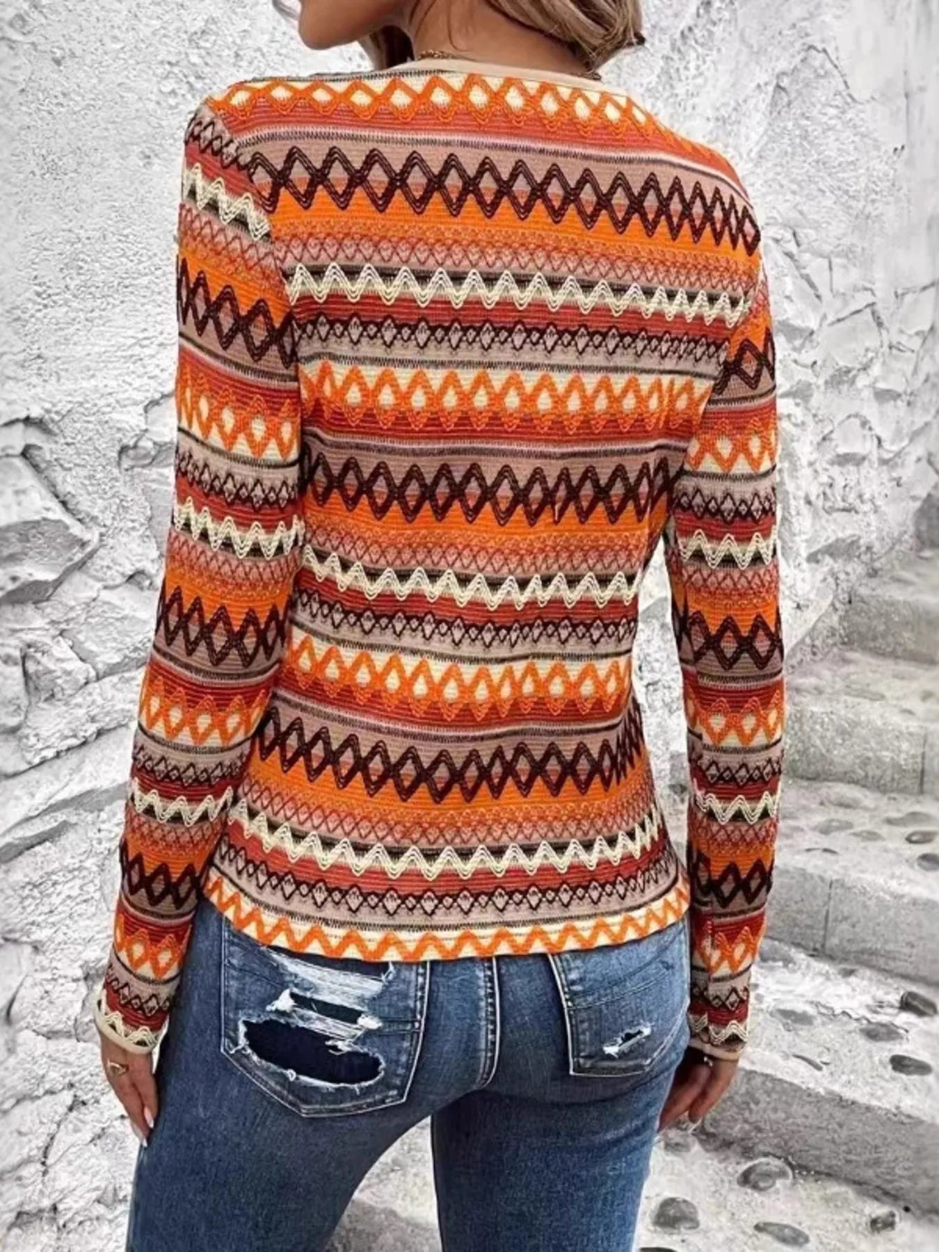 Bohemian Geometric Pattern Long Sleeve T-Shirt - Soft Stretchy Fabric, Perfect for Casual Wear