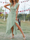 Printed Surplice Ruffle Sleeve Dress Green