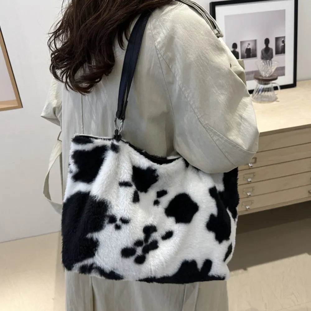 Large Cow Print Furry Tote Bag - Stylish Faux Fur, PU Leather, and Polyester Material - Store 42