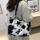 Large Cow Print Furry Tote Bag - Stylish Faux Fur, PU Leather, and Polyester Material - Store 42