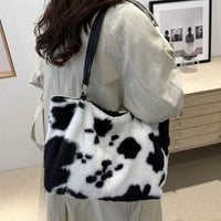 Large Cow Print Furry Tote Bag - Stylish Faux Fur, PU Leather, and Polyester Material - Store 42