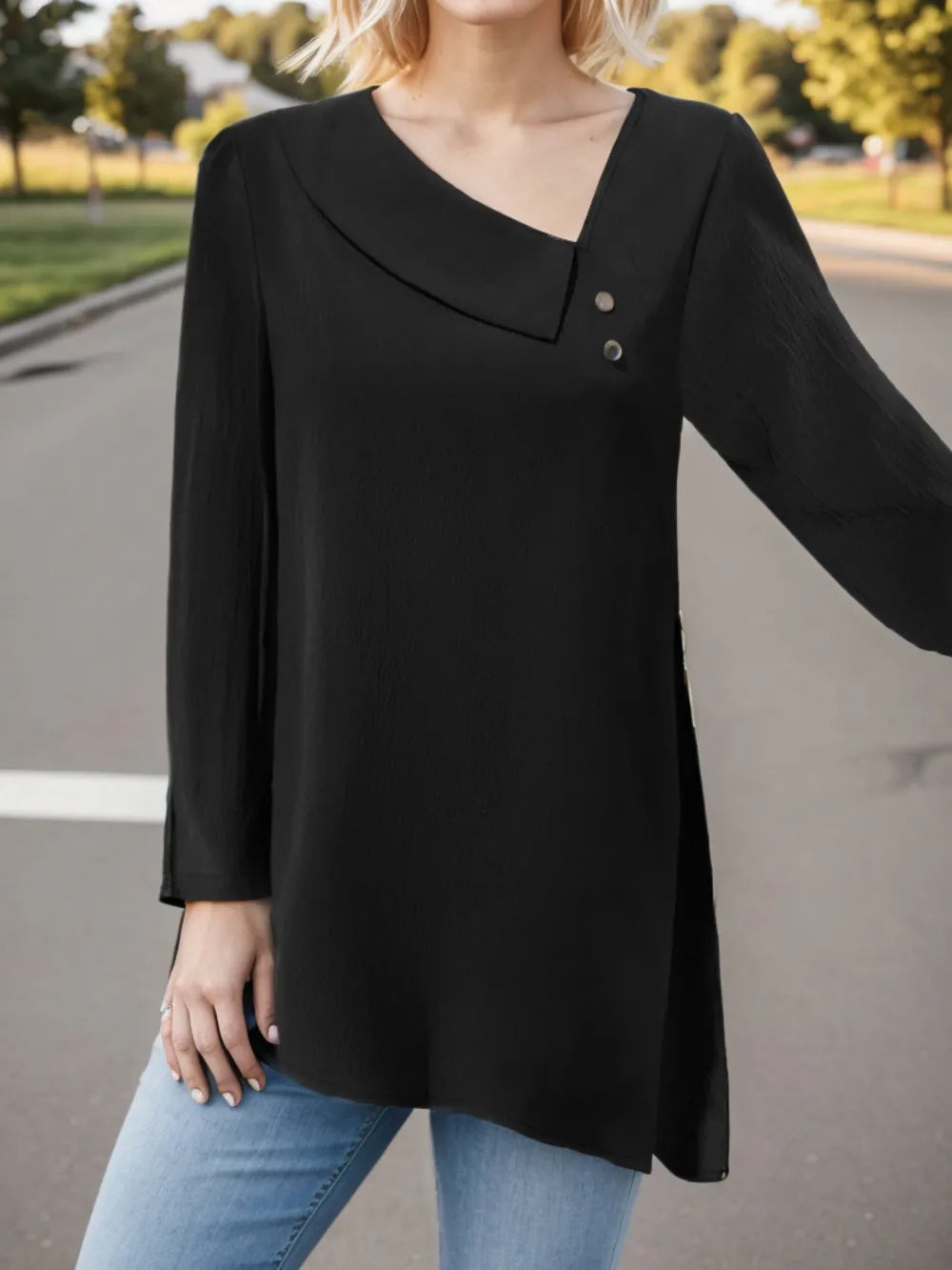 Chic Asymmetrical Neck Long Sleeve Blouse in Opaque 95% Polyester, Perfect for Effortless Style