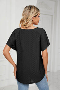 Trendsi Casual Eyelet Tie-Neck Flutter Sleeve Top in Solid Color - Slightly Stretchy V-Neck Design - Store 42