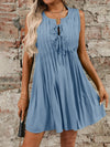 Tied Front Pleated Sleeveless Mini Dress Light Blue