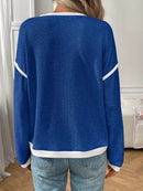 Slightly Stretchy Ribbed Long Sleeve Top with Contrast Trim - Elegant Basic Style - Store 42