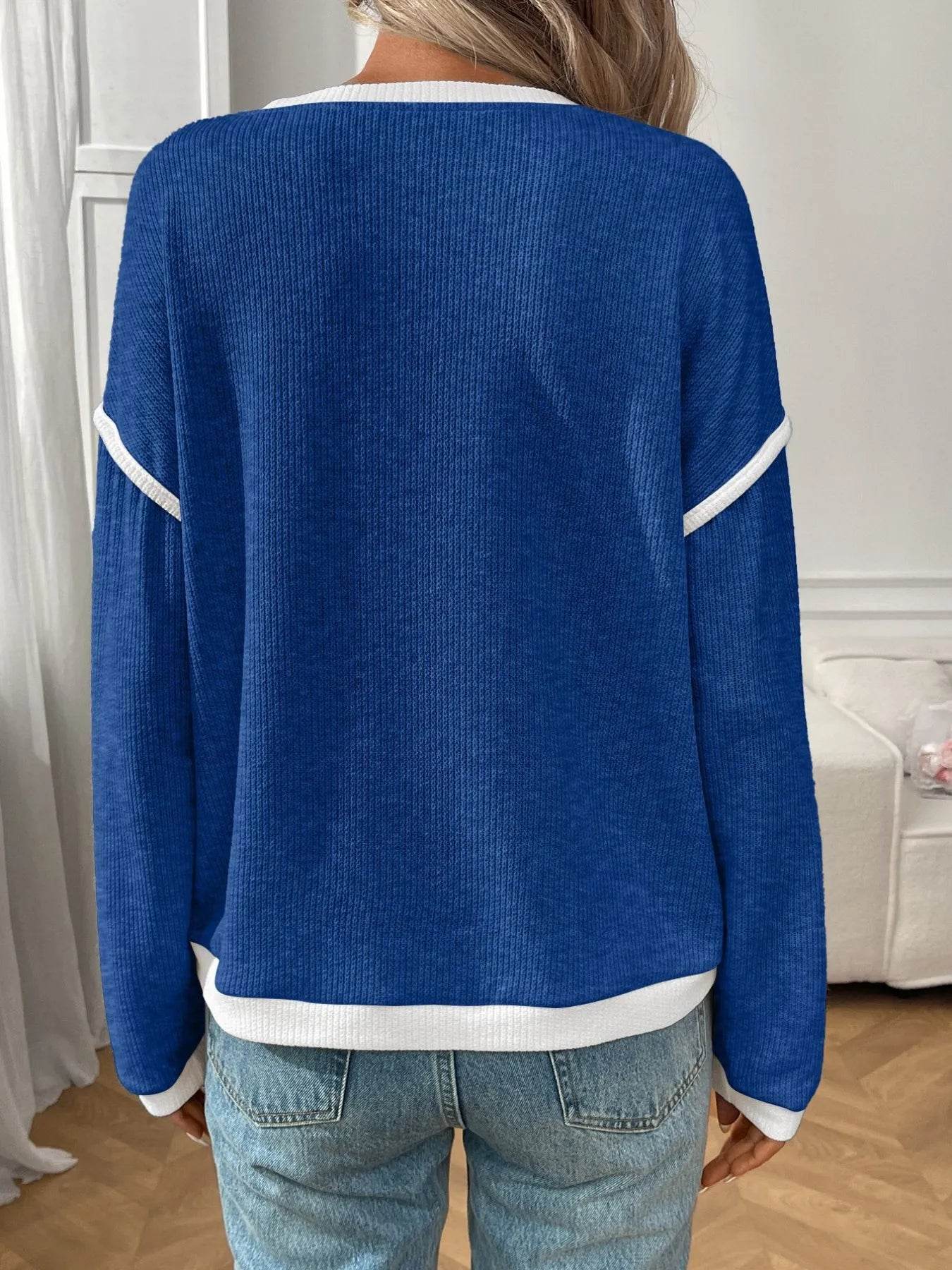Slightly Stretchy Ribbed Long Sleeve Top with Contrast Trim - Elegant Basic Style - Store 42