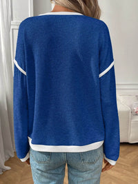 Slightly Stretchy Ribbed Long Sleeve Top with Contrast Trim - Elegant Basic Style - Store 42