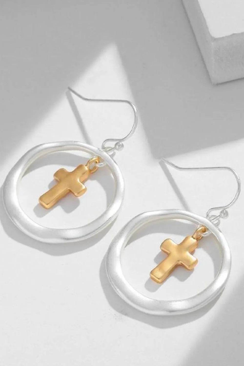 Elegant Brass Contrast Cross Dangle Earrings - Gold-Plated, Unique Design - Store 42