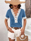 Ivy Lane Decorative Button Spliced Lace Short Sleeve Top - Store 42