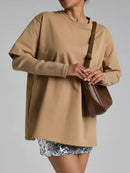 Faux Layered Round Neck Mesh Sleeve Top Camel