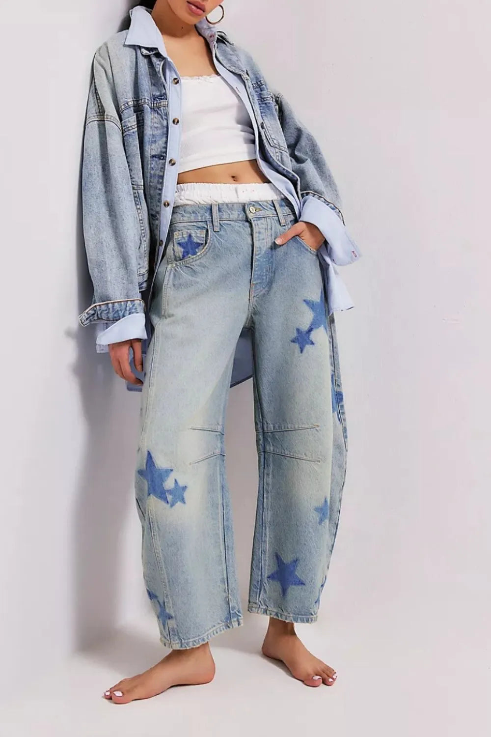 Contrast Star Wide Leg Jeans with Pockets - 95% Rayon, No Stretch, Stylish Comfort