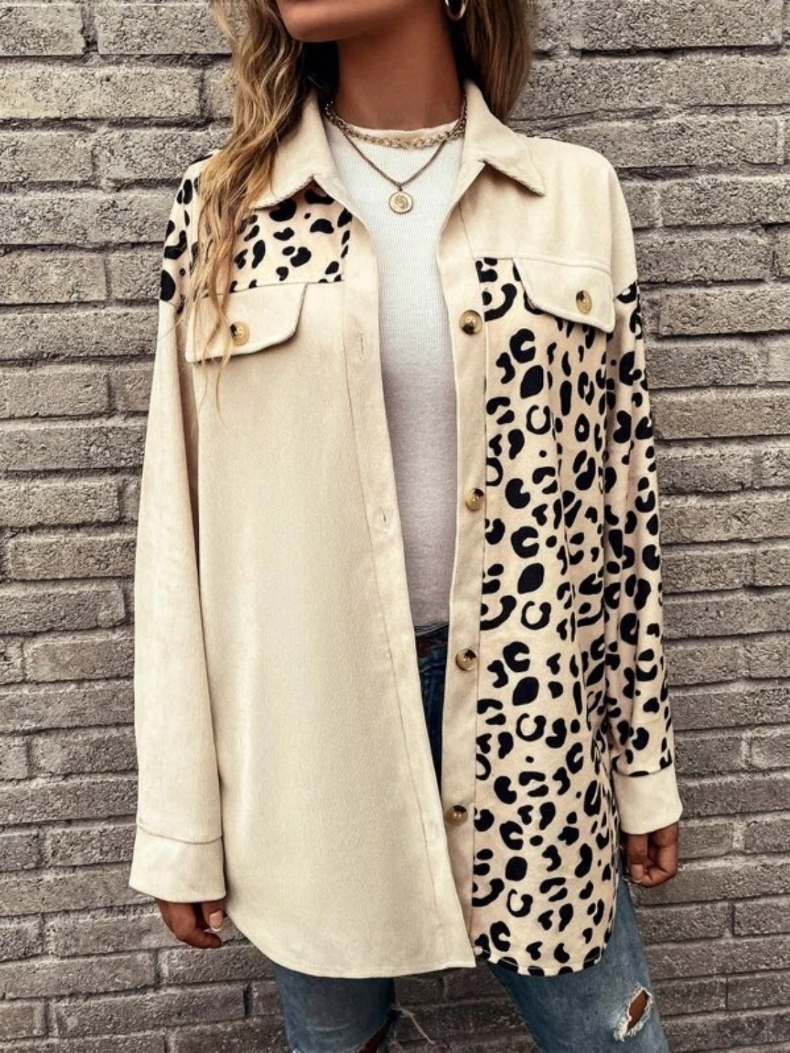 Trendy Full Size Leopard Collared Shirt - Opaque, Classic Style, 95% Polyester, 5% Elastane