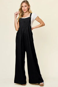 Double Take Full Size Texture Wide Strap Wide Leg Overall Black