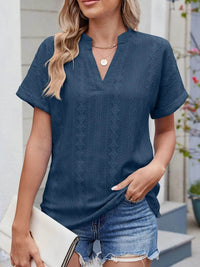 Trendy Eyelet Notched Short Sleeve Top in 65% Rayon - Stylish & Versatile Women's Wear - Store 42