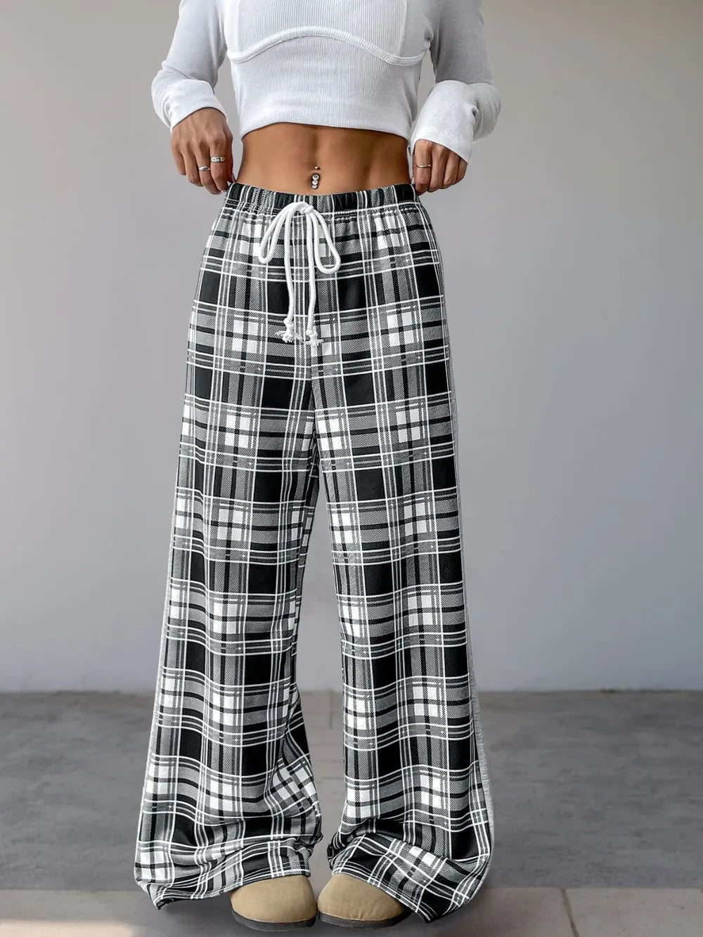 Perfee Wide Leg Plaid Pants with Drawstring - Stylish & Comfortable 100% Polyester