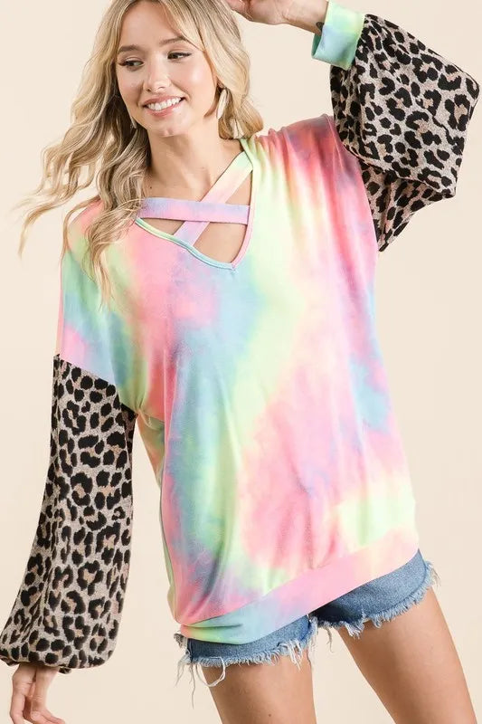Trendy Tie Dye Terry Top with Leopard Puff Sleeves and Cutout Design for Chic Casual Style